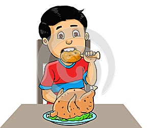 Illustration boy eat fried chicken photo