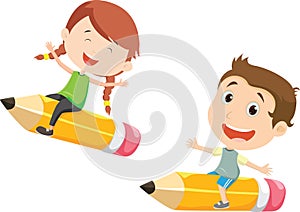 Illustration of Boy and girl flying on a pencil