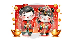 Illustration of a boy and girl in joyous spirits, holding golden ingots, with falling coins in the background, celebrating the