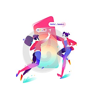 Illustration of a boy and a girl with a smartphone. Vector flat icon. Users of messenger. Two characters get acquainted with the c