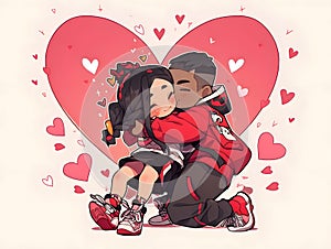 Illustration of a boy hugging a girl around colorful hearts in the background large heart white background. Heart as a symb