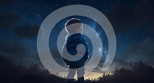 illustration of a boy looking at night starry sky