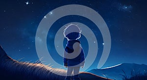 illustration of a boy looking at night starry sky