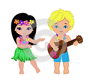 Illustration of boy playing guitar and hawaiian girl hula dancing