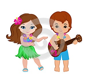 Illustration of boy playing guitar and hawaiian girl hula dancing