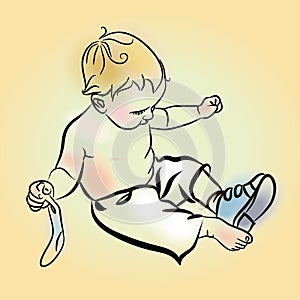 Illustration of boy putting on shoes. Little Boy Put Shoes On.