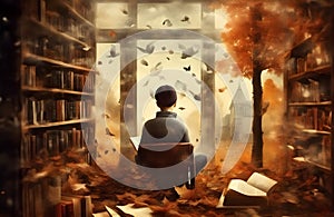 Illustration of a boy reading a book in a library with an autumn landscape back-to-school theme