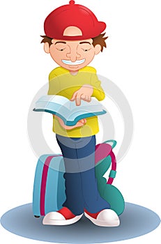 Illustration of a boy reading guiding book for traveling