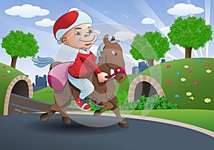 Illustration of a boy riding a horse for traveling