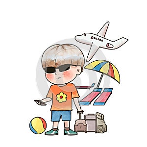 Illustration a boy travling for summer holiday.