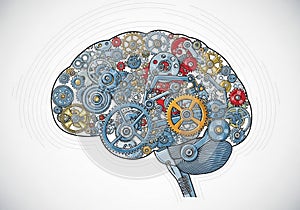 Illustration of a brain composed of interlocking gears and cogs in