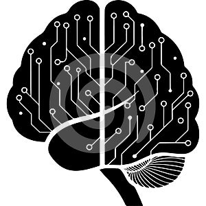 Illustration of a brain with digital circuit patterns representing artificial intelligence and human cognition