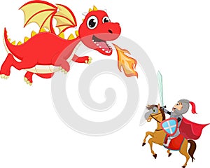 Illustration of brave knight fighting with a dragon