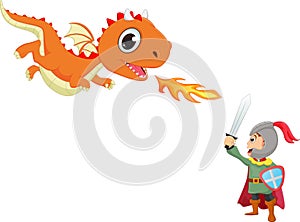 Illustration of brave knight fighting with a dragon