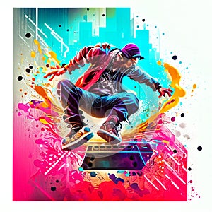 illustration of a breakdancer performing on a stage with colorful background Generative AI