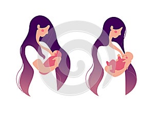 Illustration of breastfeeding, lactation. A mother breastfeeds her baby. The concept of motherhood, health, family, childhood
