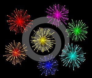 Illustration of bright abstract festive fireworks set.