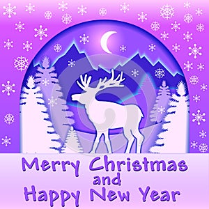 bright Christmas card with a deer in the forest at night on a background of rocks in paper style