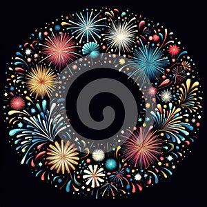 illustration of bright and colorful fireworks making a border or frame with copy space on black