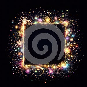 illustration of bright and colorful fireworks making a border or frame with copy space on black