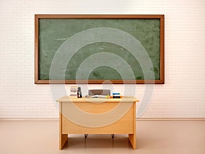 illustration of bright empty classroom with blackboard and te photo