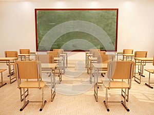 Illustration of bright empty classroom with desks and chairs