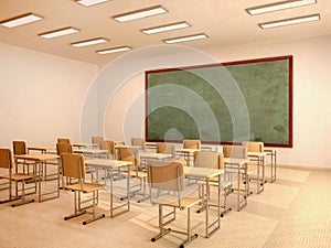 Illustration of bright empty classroom with desks and chairs