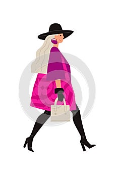 Illustration of a bright girl in a black hat. Vector. Glamorous image of a lady in pink. Flat style