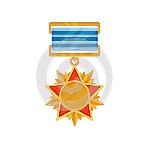 Bright golden medal in star shape. Army reward with blue striped ribbon. Reward for honor and bravery. Flat vector icon