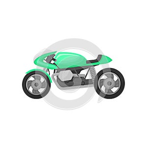 Bright green motorcycle. Modern sport bike. Two-wheeled motor vehicle. Flat vector element for mobile game or poster