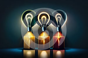 Illustration Of Bright Idea For Business, Education, Star Up Growth, Light Bulbs On Dark Background, Idea Concept. Generative AI