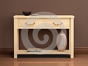 Illustration of bright wooden chest of drawers in dark interi