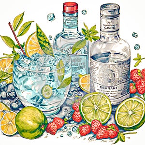 Illustration of British Gin and Tonic with slices of lime, lemon, orange, fruits