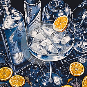 Illustration of British Gin and Tonic with slices of lime, lemon, orange, fruits