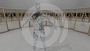 illustration of brocken mirror man reflecting himself in the mirrors, surreal concept 3d render
