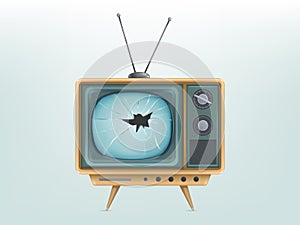 illustration of broken retro tv set, television. Injured electric video display for broadcasting, news.