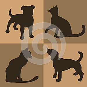 Illustration. Brown background with dogs and cats. Pattern.