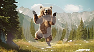 Illustration of Brown bear jumping for joy in woods