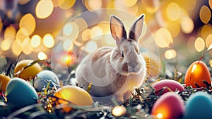 illustration of brown bunny with colored easter eggs and blurred background with copyspace