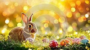 illustration of brown bunny with colored easter eggs and blurred background with copyspace