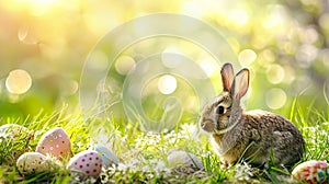illustration of brown bunny with colored easter eggs and blurred Easter background with copyspace