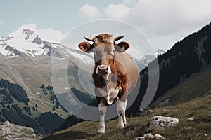 Illustration of a brown cow on the background of the Alpine mountains