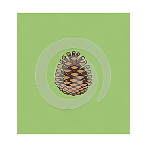 Illustration of a brown pine cone centered on a solid light green background