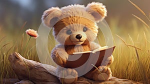 illustration of a brown teddybear reading a book outdoors