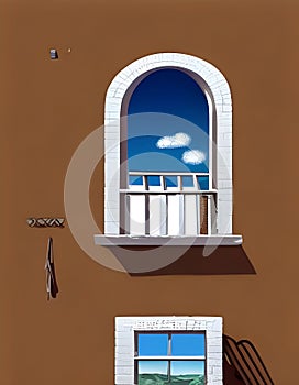 Illustration of Brown Wall with Arch and Rectangular Windows Framing Blue Skies and Clouds