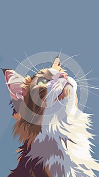 Illustration of a brown and white cat looking upwards