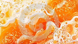 Illustration of bubbles and foam on a beer background with flowing white froth. Banner with orange fizzy brewery drink