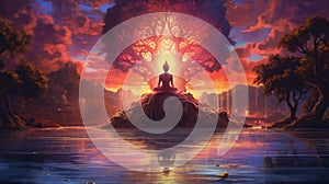 Illustration of buddha on rock in peaceful lake at sunset