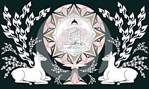 Illustration  of Buddha sit in Dharmachakra and deer for Visakha Puja Day