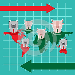 Illustration of bull and bear symbol of stock market trend.